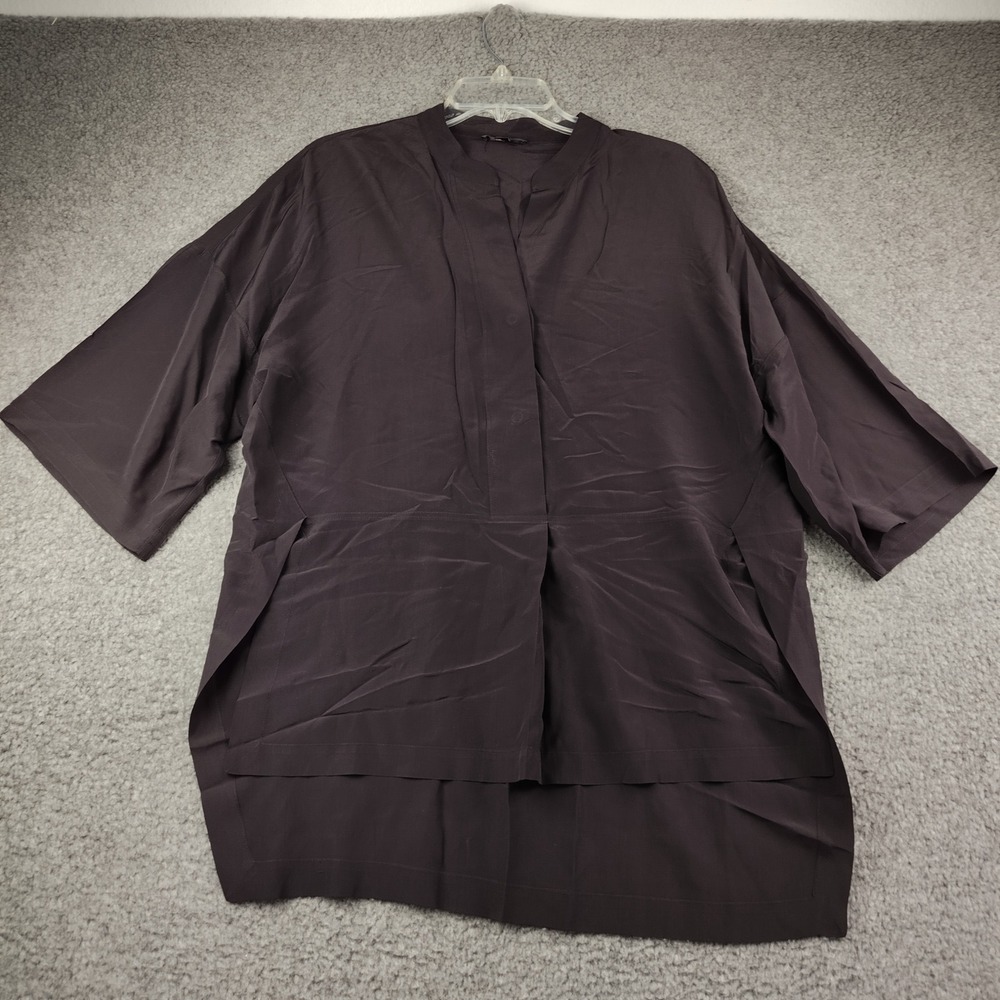 J.Crew Silk Tunic Sz Medium Band Collar Oversized High Low Dark Plum EUC